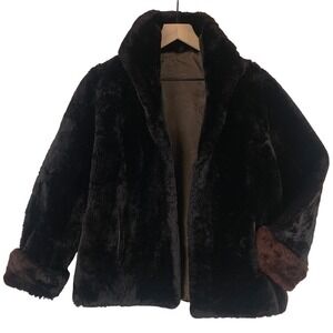 VTG KERRYBROOK Sears Mouton Lamb Shawl Collar Fur Coat Sz S Brown Mid Century
